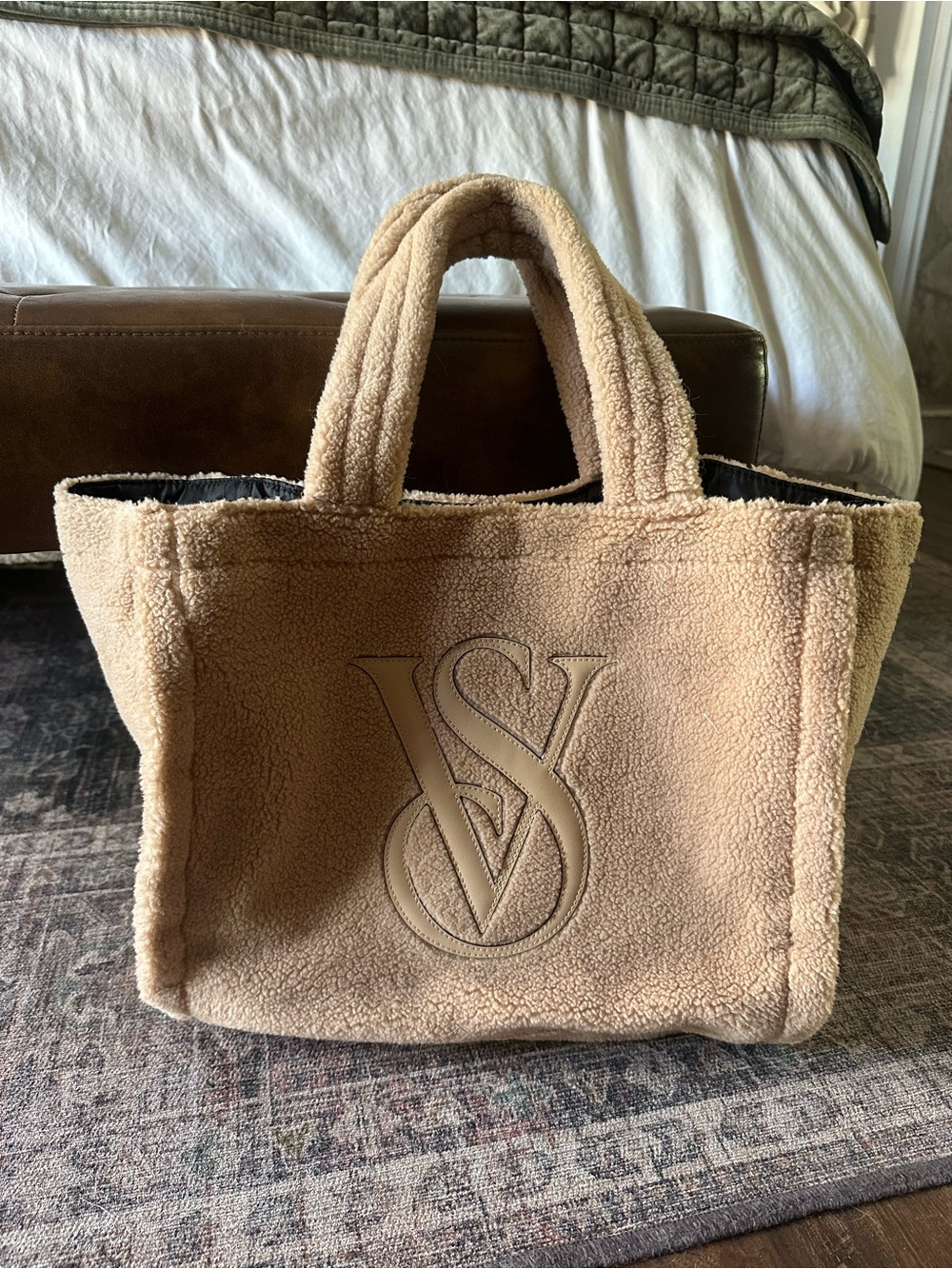 VS Plush Beige Sherpa Tote Bag with Embossed Logo